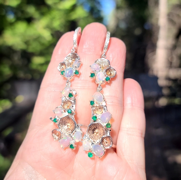 STUNNING Opal & Green Onyx floral chandelier sterling &gold dramatic earrings - Picture 6 of 8